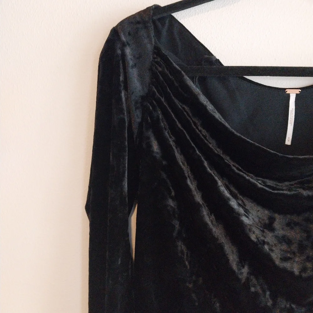 Free People Black Crushed Velvet Ruched Drape Whimsigoth Fairy Scoop Neck Top